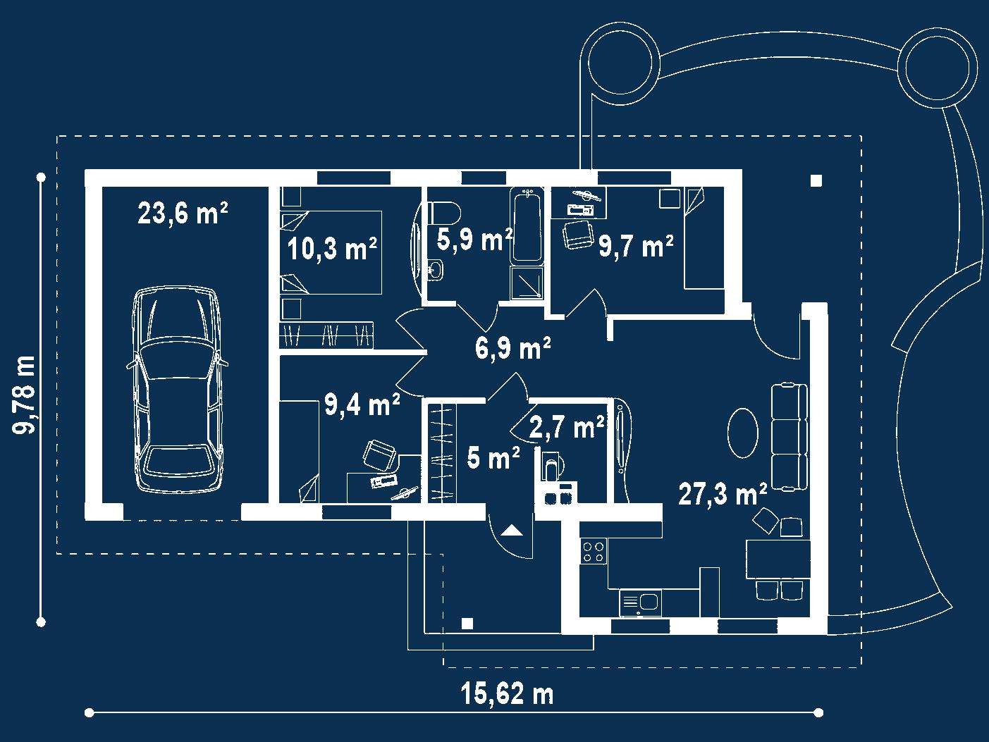 Plan parter Casă parter 77 mp utili, 3 dormitoare, o baie