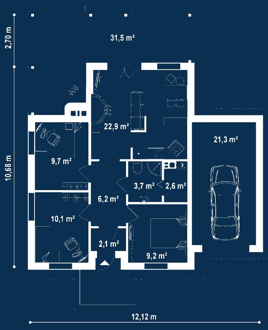 Plan parter Casă parter 66 mp utili, 3 dormitoare, o baie