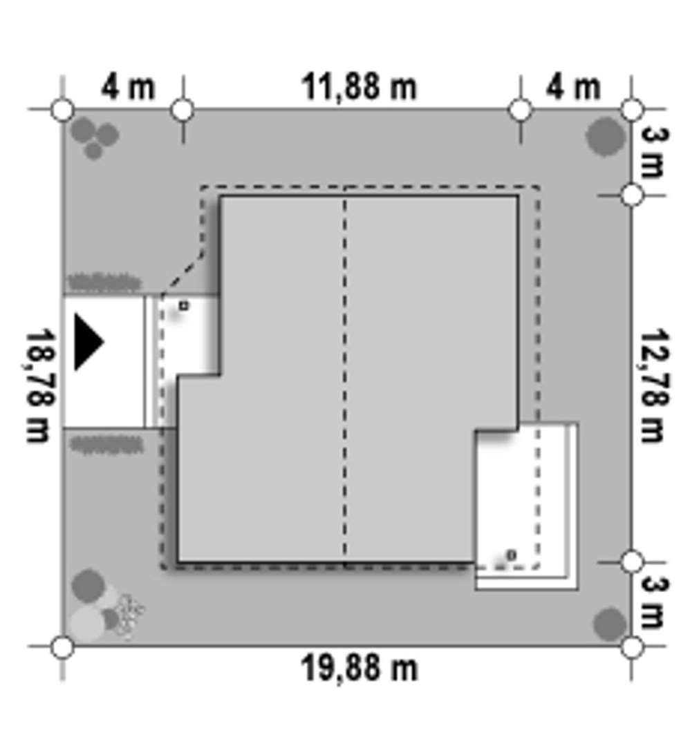 Plan amplasament Casă parter 125 mp utili, 3 dormitoare, o baie
