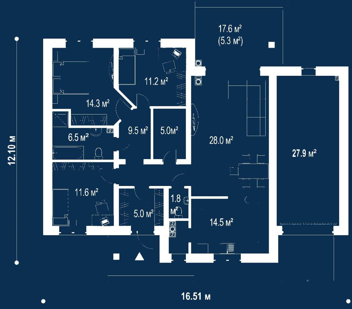 Plan parter Casă parter 125 mp utili, 3 dormitoare, o baie