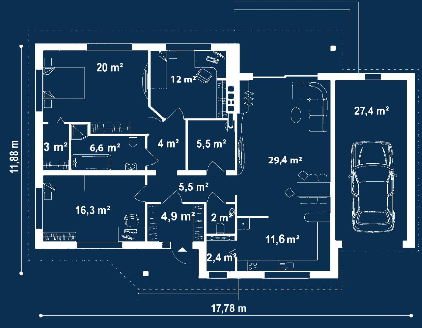 Plan parter Casă parter 123 mp utili, 3 dormitoare, o baie