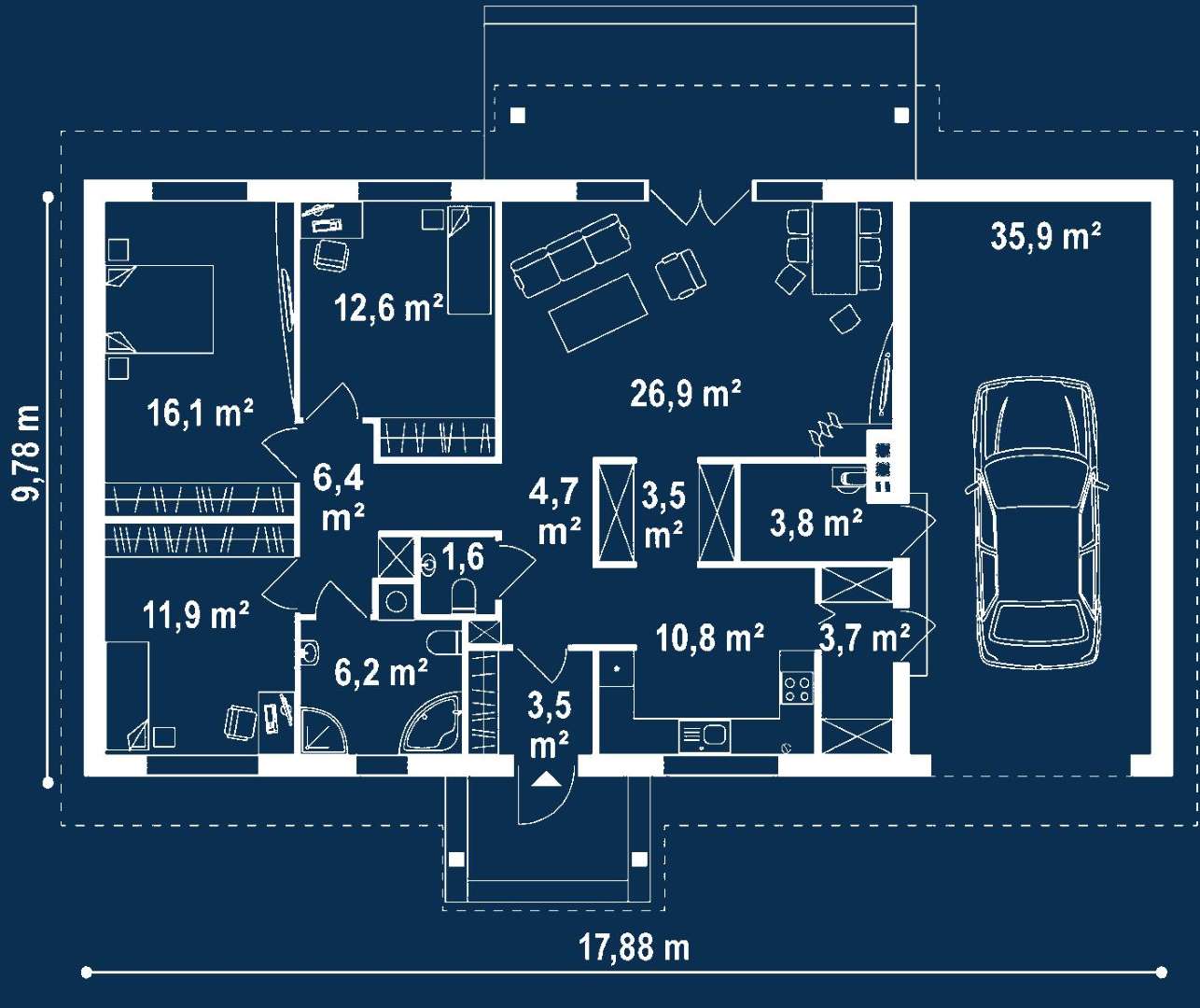Plan parter Casă parter 105 mp utili, 3 dormitoare, o baie