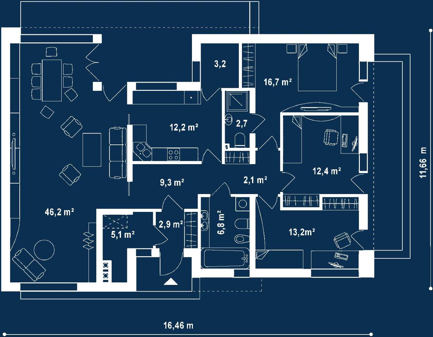 Plan parter Casă parter 132 mp utili, 3 dormitoare, 2 băi