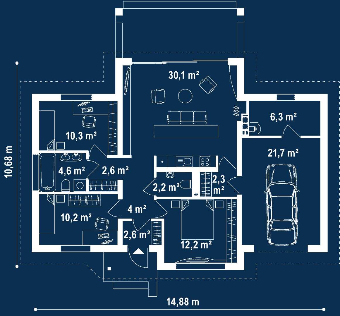 Plan parter Casă parter 81 mp utili, 3 dormitoare, o baie