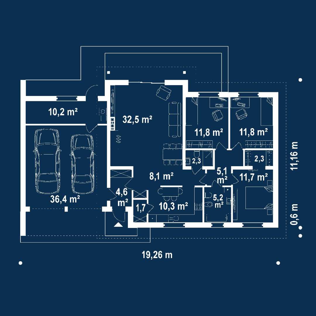Plan parter Casă parter 107 mp utili, 3 dormitoare, o baie