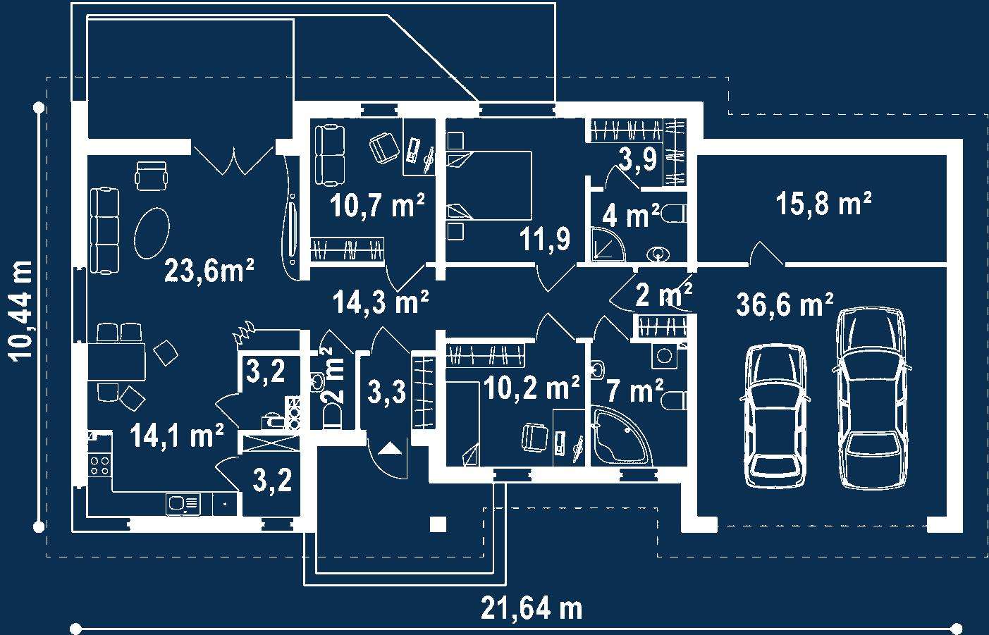 Plan parter Casă parter 113 mp utili, 2 dormitoare, 2 băi