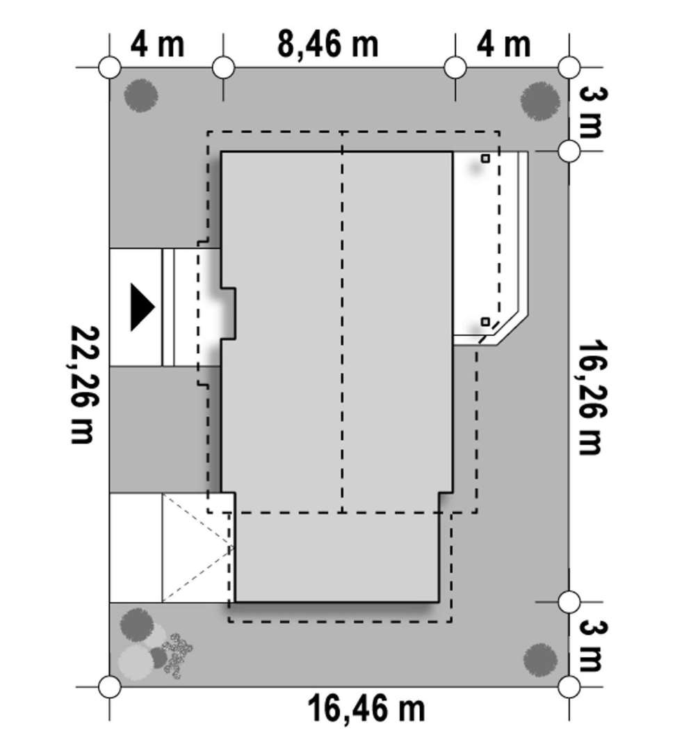 Plan amplasament Casă parter 77 mp utili, 3 dormitoare, o baie