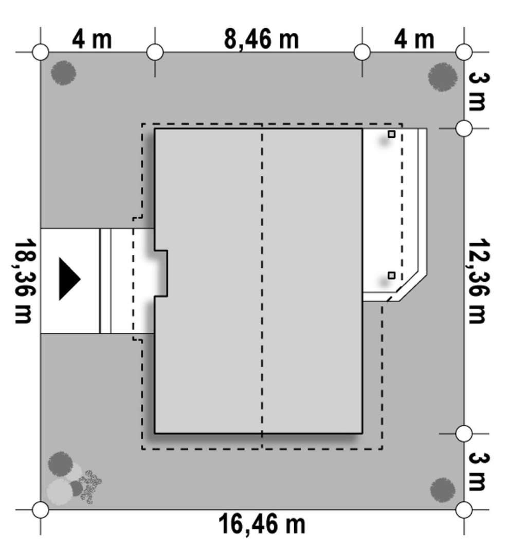 Plan amplasament Casă parter 84 mp utili, 3 dormitoare, o baie