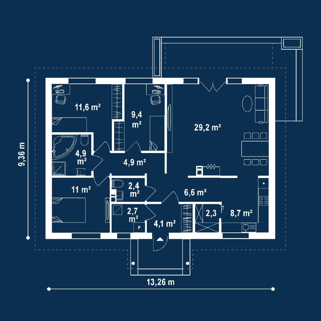 Plan parter Casă parter 95 mp utili, 3 dormitoare, o baie