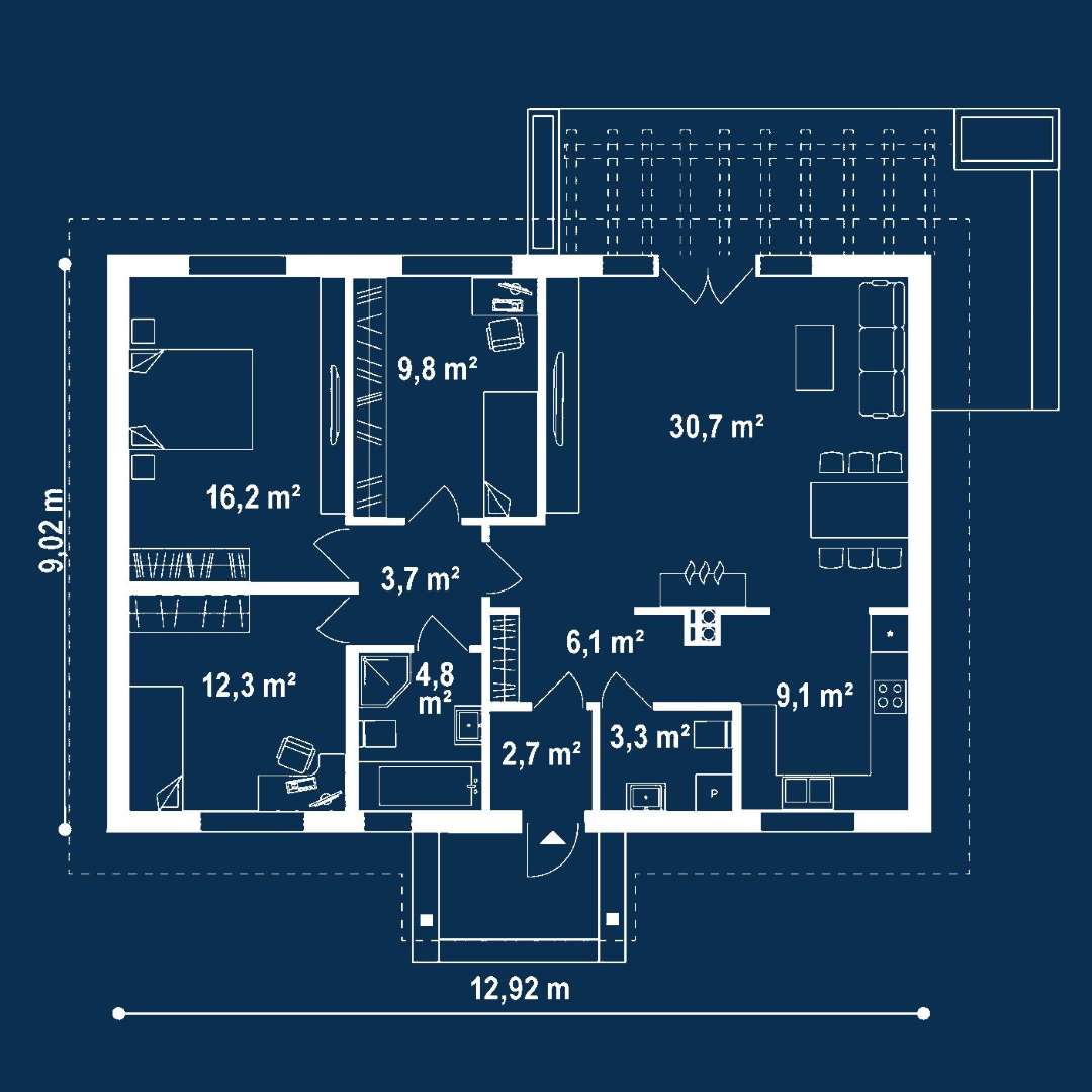 Plan parter Casă parter 98 mp utili, 3 dormitoare, o baie