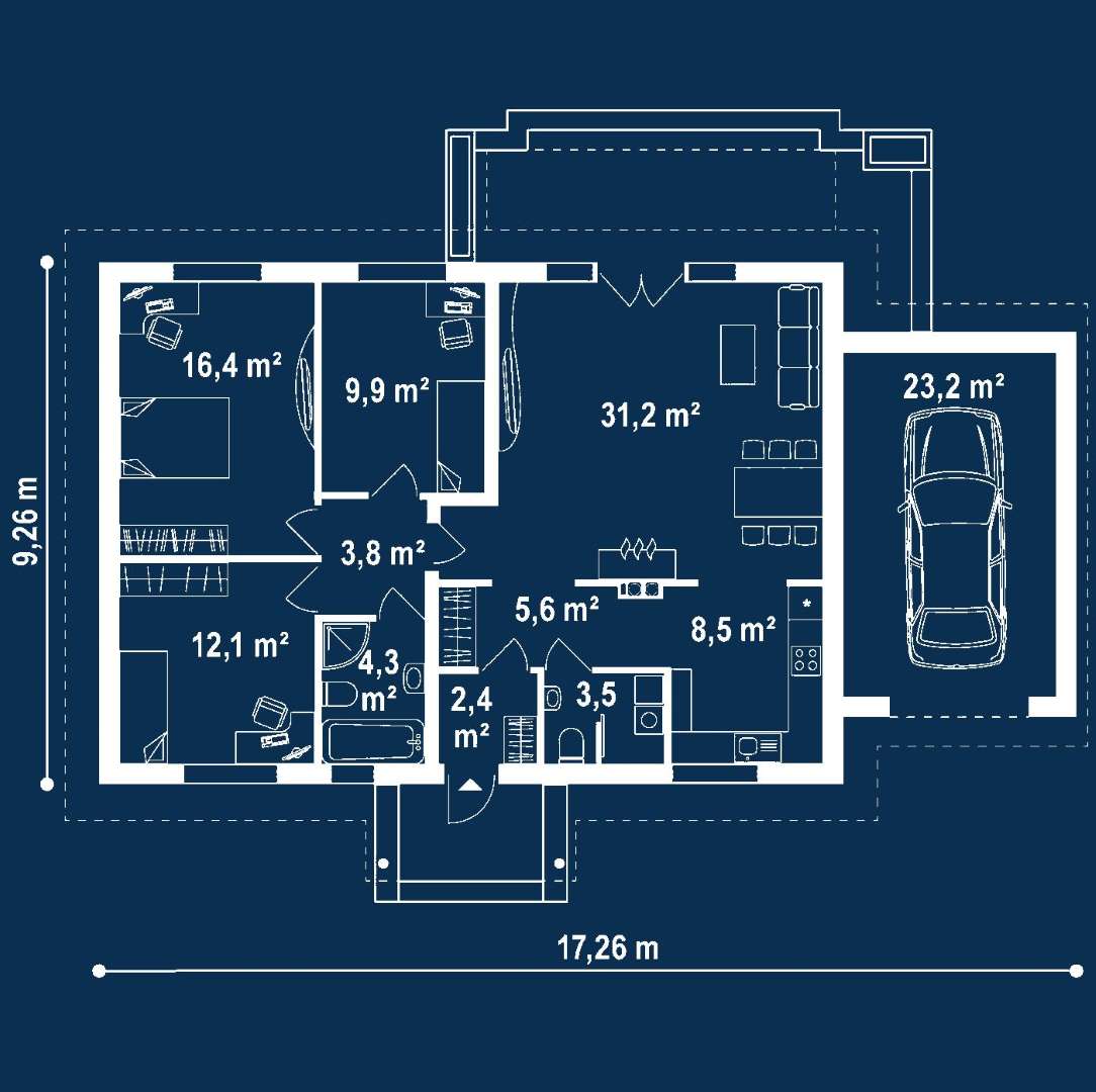 Plan parter Casă parter 97 mp utili, 3 dormitoare, o baie