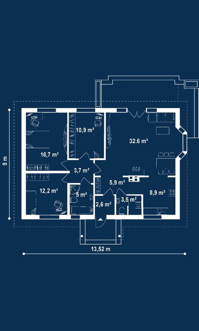 Plan parter Casă parter 101 mp utili, 3 dormitoare, o baie
