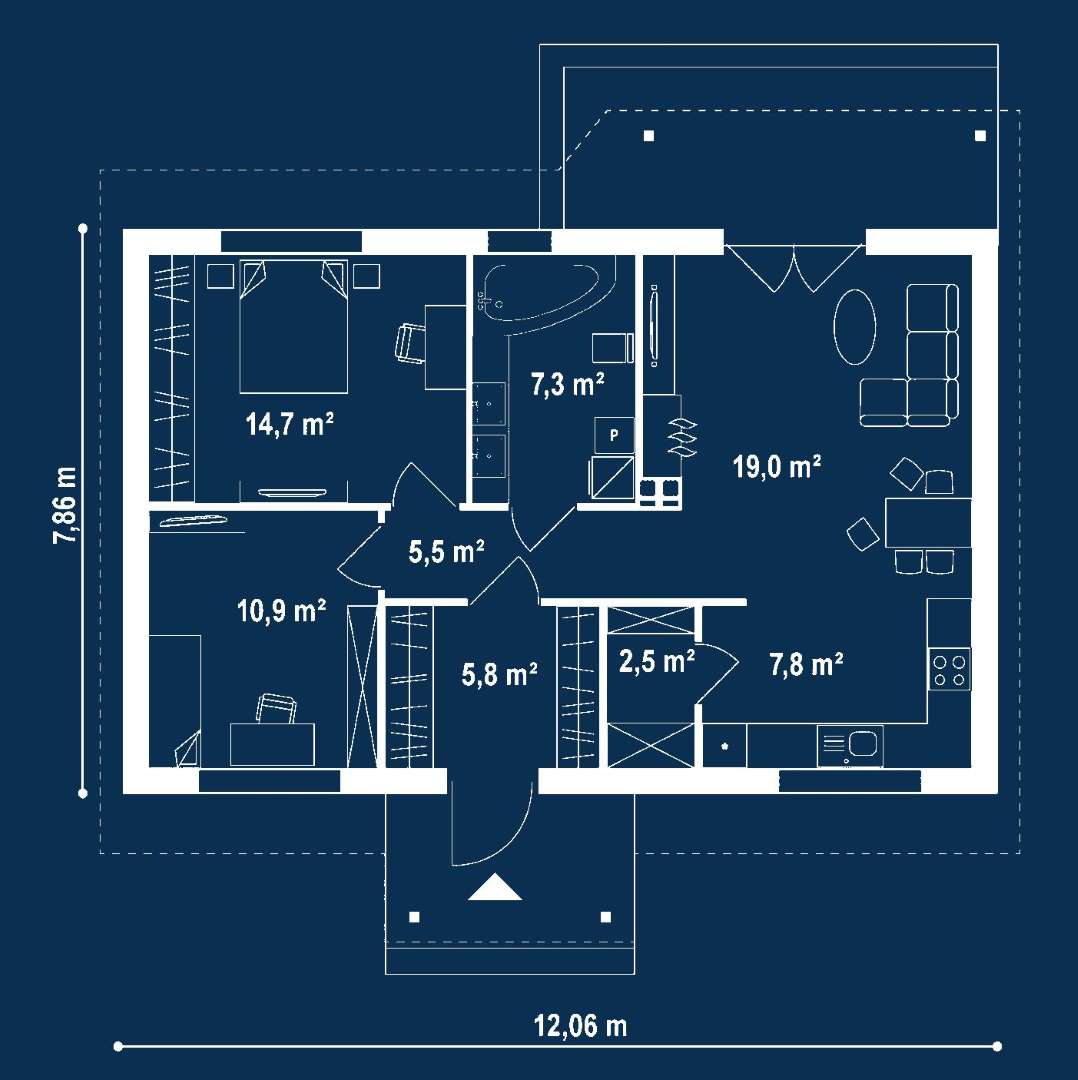 Plan parter Casă parter 73 mp utili, 2 dormitoare, o baie