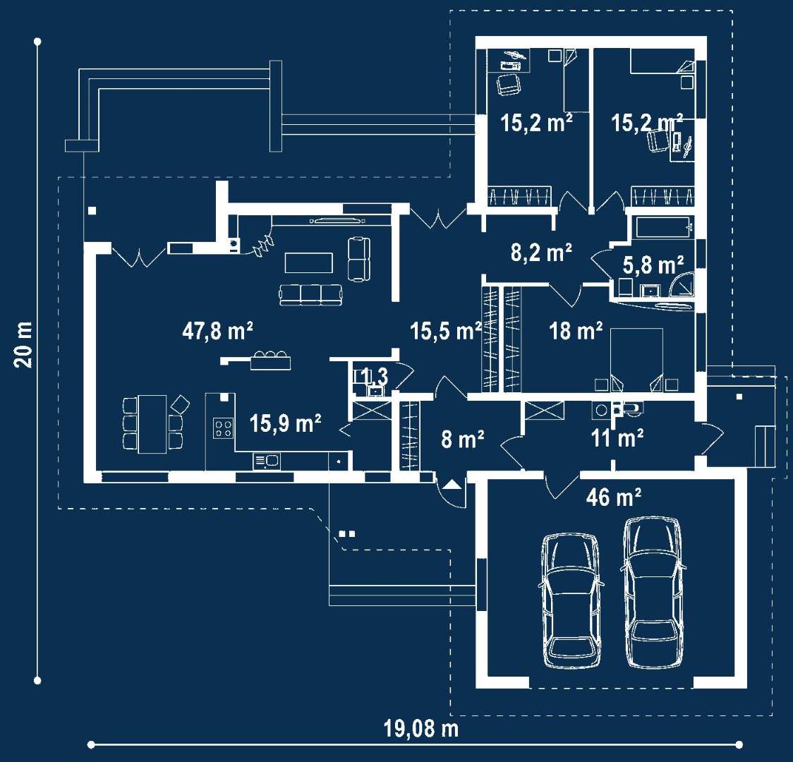 Plan parter Casă parter 151 mp utili, 3 dormitoare, o baie