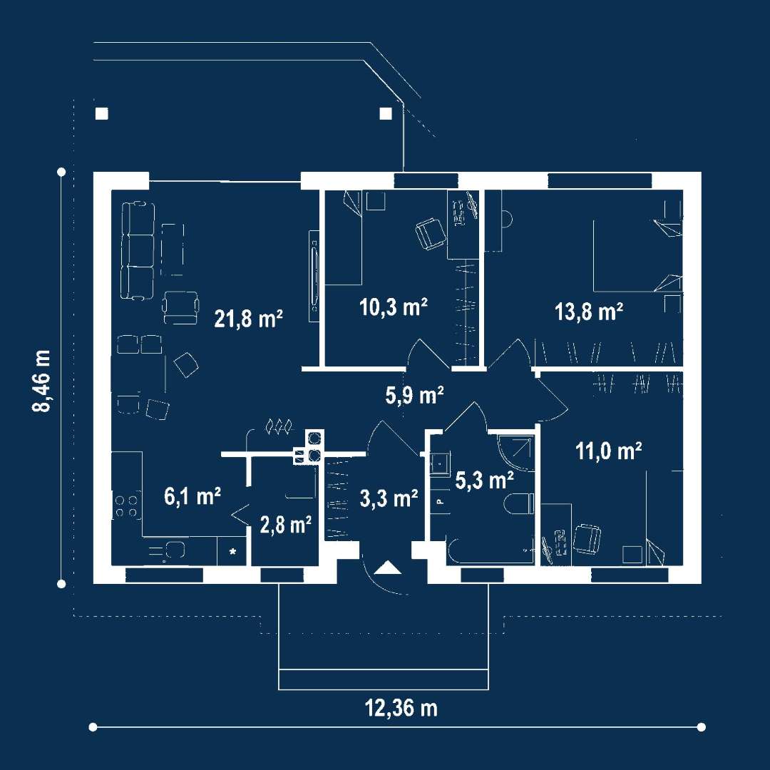 Plan parter Casă parter 77 mp utili, 3 dormitoare, o baie