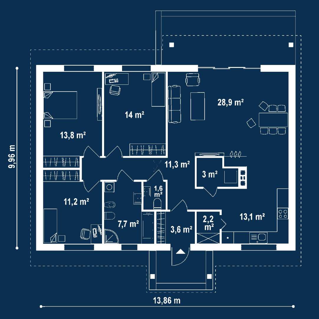 Plan parter Casă parter 107 mp utili, 3 dormitoare, o baie