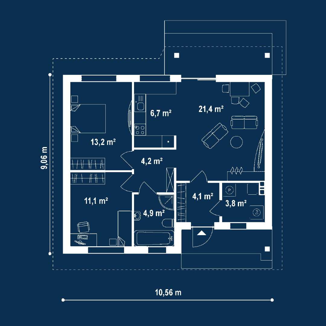 Plan parter Casă parter 65 mp utili, 2 dormitoare, o baie