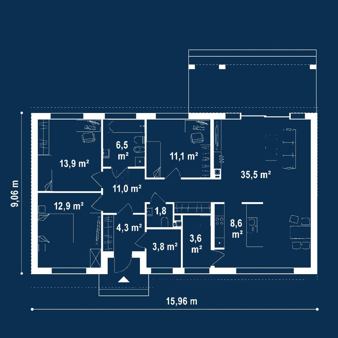 Plan parter Casă parter 109 mp utili, 3 dormitoare, o baie