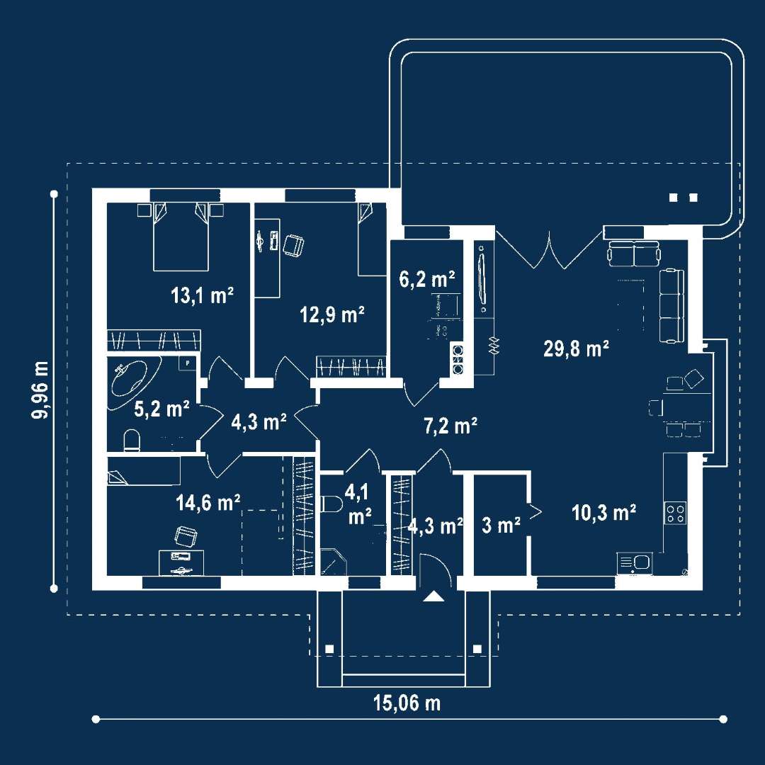 Plan parter Casă parter 108 mp utili, 3 dormitoare, o baie