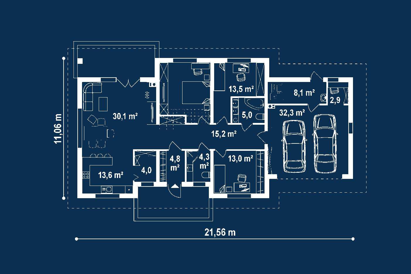 Plan parter Casă parter 121 mp utili, 3 dormitoare, 2 băi