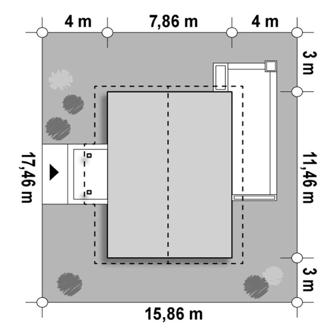 Plan amplasament Casă parter 64 mp utili, 2 dormitoare, o baie