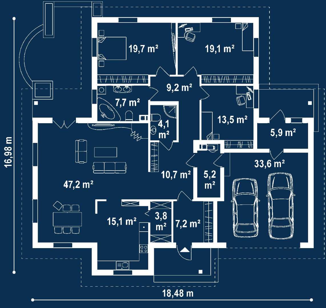 Plan parter Casă parter 161 mp utili, 3 dormitoare, 2 băi