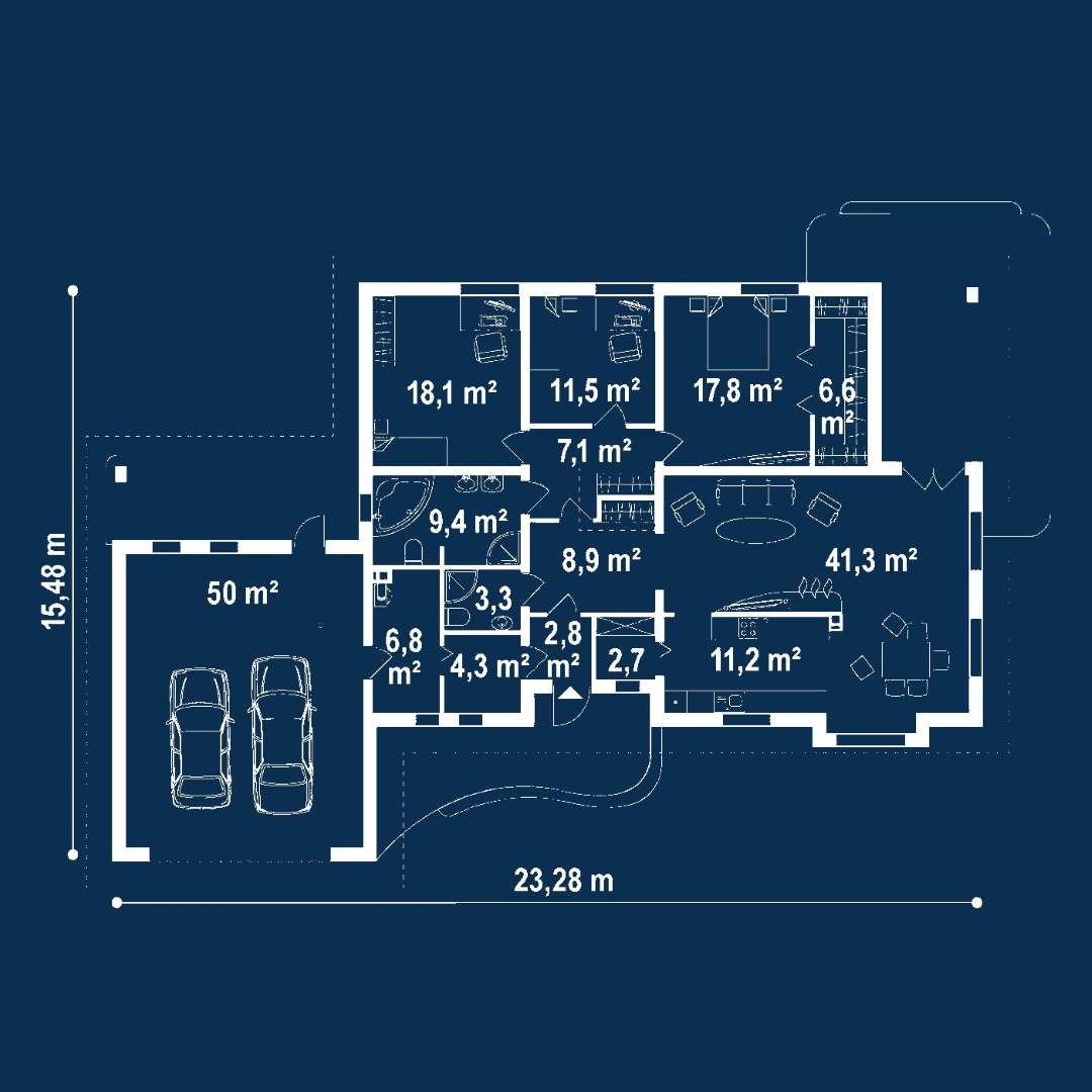 Plan parter Casă parter 144 mp utili, 3 dormitoare, o baie
