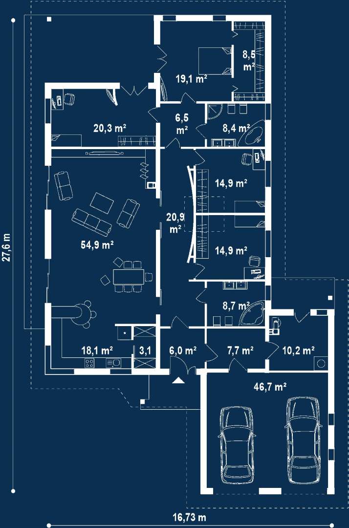 Plan parter Casă parter 222 mp utili, 4 dormitoare, 2 băi