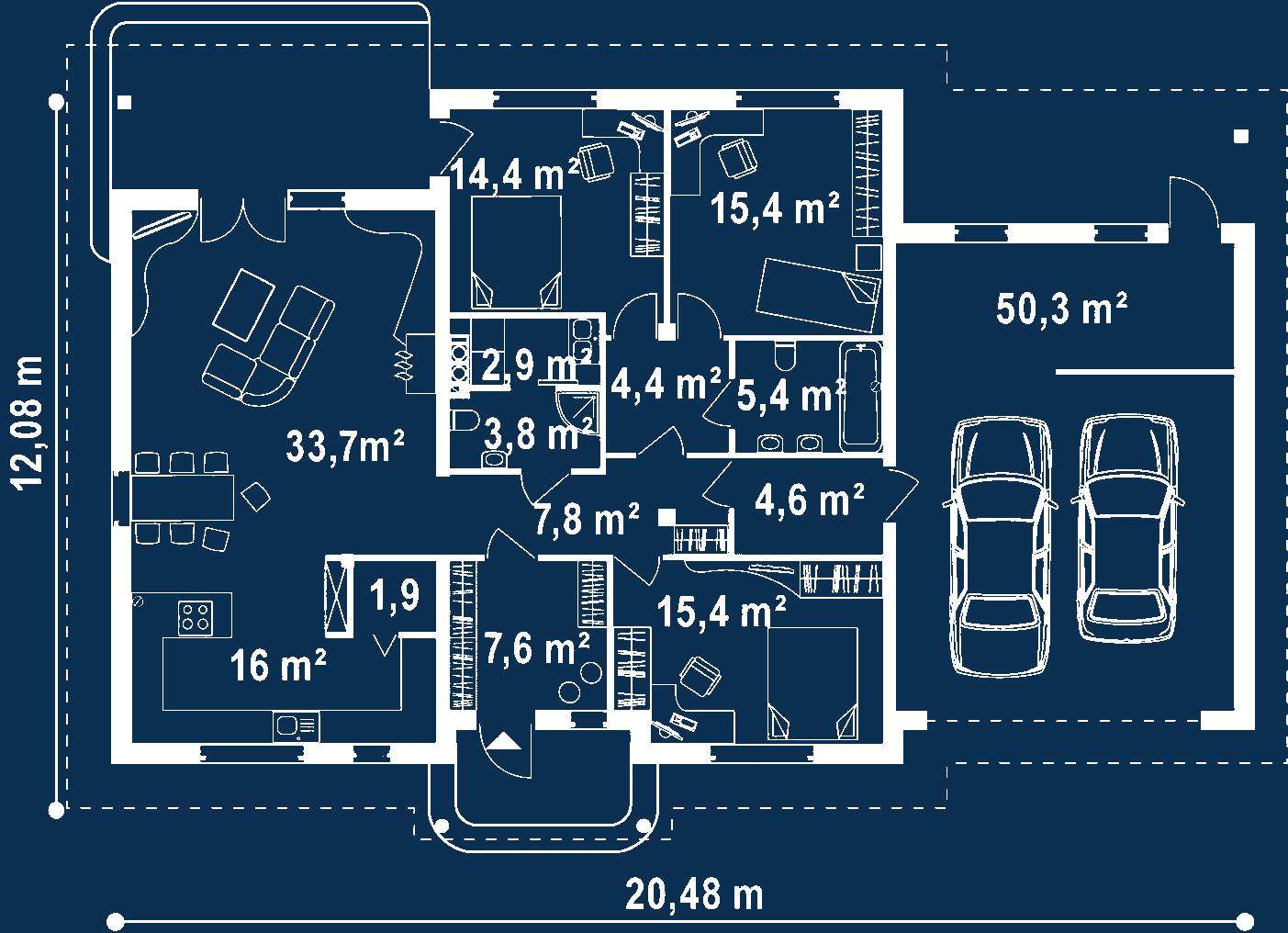 Plan parter Casă parter 124 mp utili, 2 dormitoare, o baie