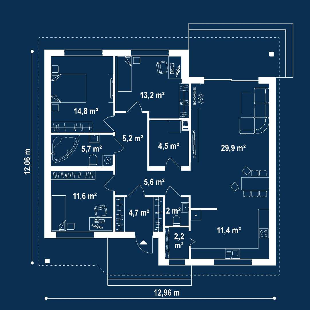 Plan parter Casă parter 106 mp utili, 3 dormitoare, o baie