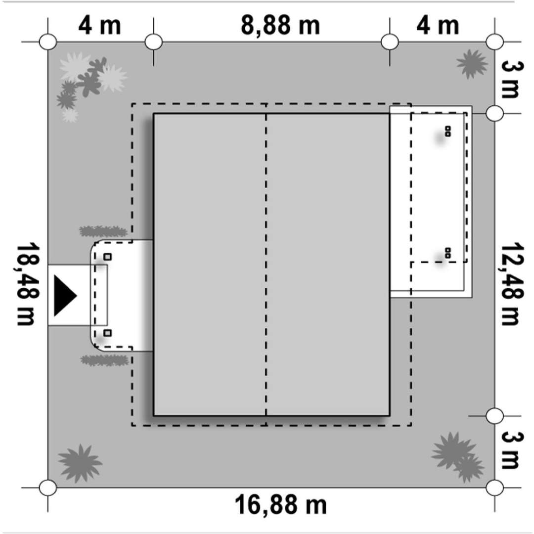 Plan amplasament Casă parter 88 mp utili, 3 dormitoare, o baie