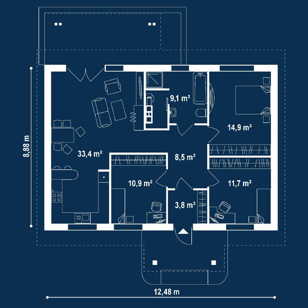 Plan parter Casă parter 88 mp utili, 3 dormitoare, o baie