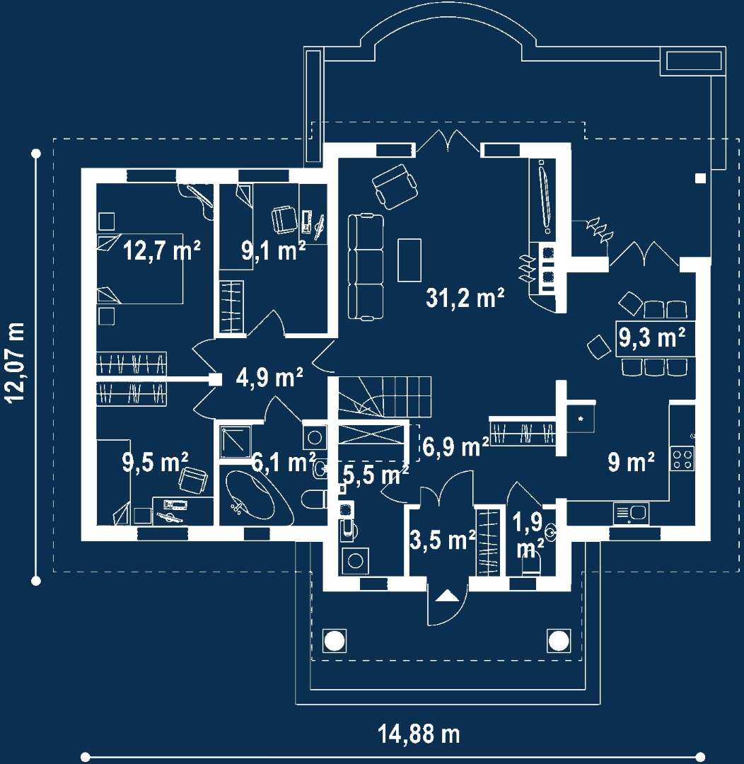 Plan parter Casă parter 109 mp utili, 3 dormitoare, o baie