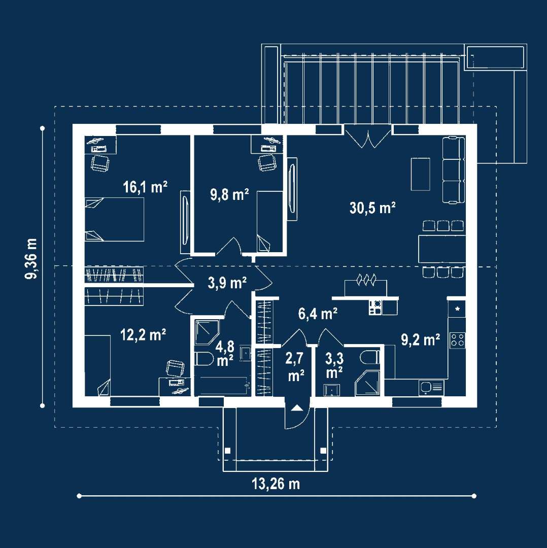 Plan parter Casă parter 98 mp utili, 3 dormitoare, o baie