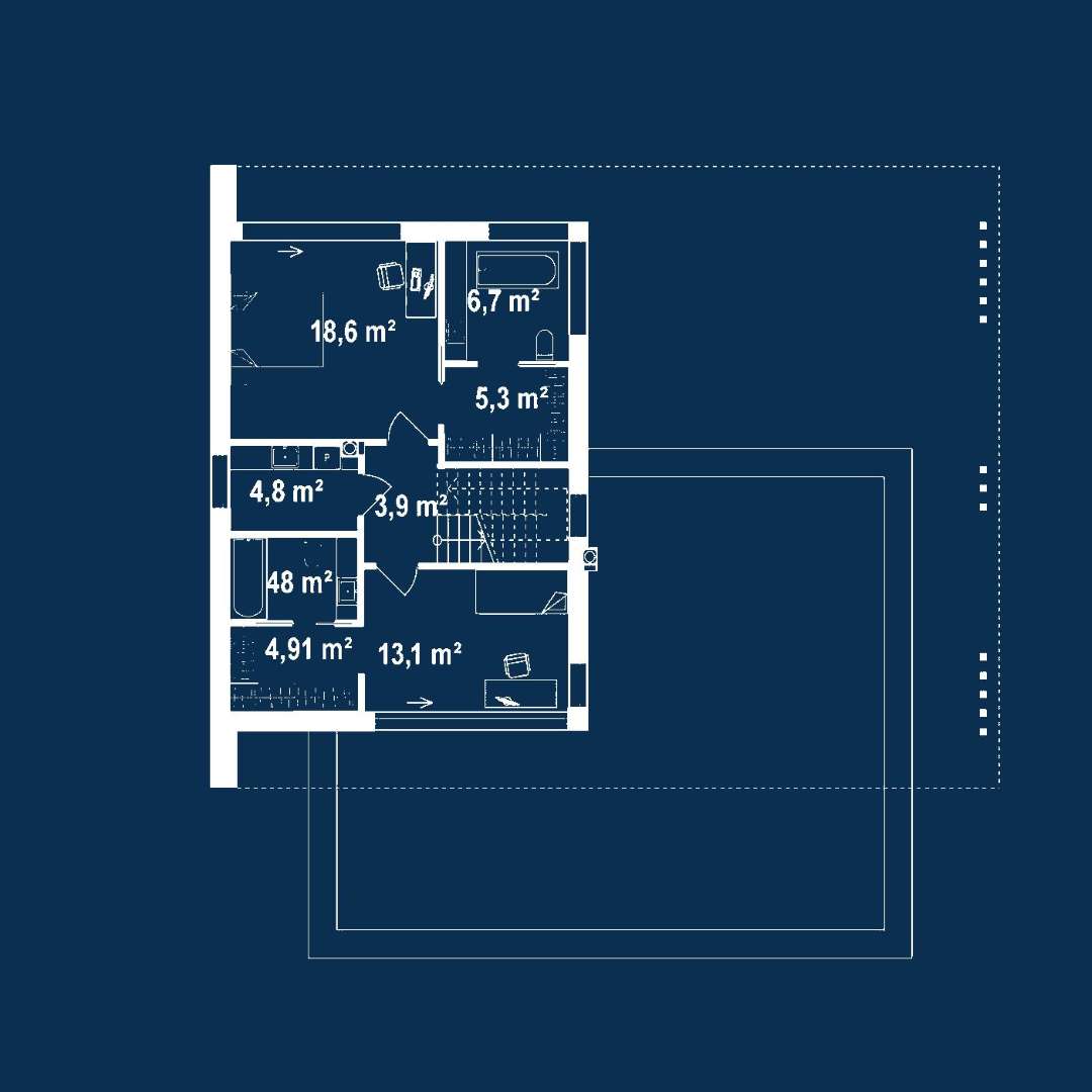 Plan etaj Casă cu etaj 142 mp utili, un dormitor, 3 băi