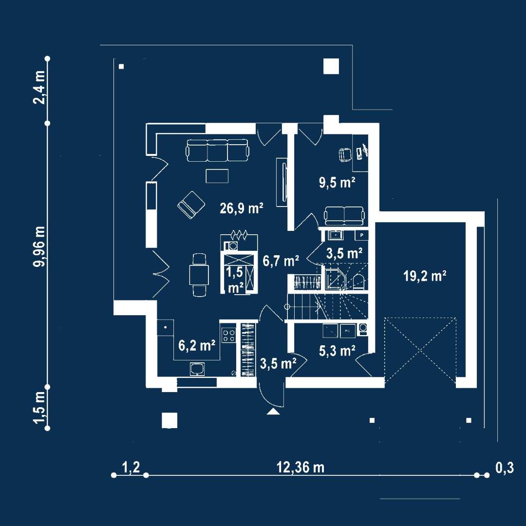 Plan parter Casă cu etaj 118 mp utili, un dormitor, 3 băi