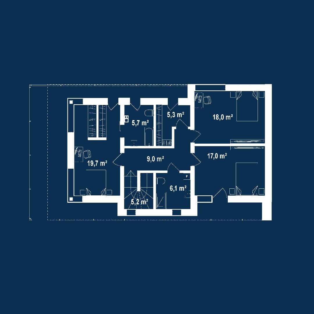 Plan etaj Casă cu etaj 136 mp utili, un dormitor, 2 băi