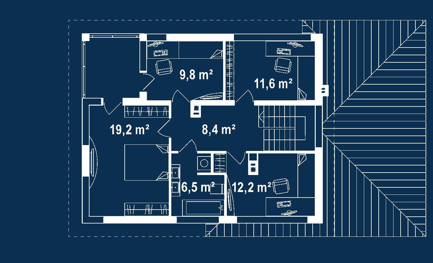Plan etaj Casă cu etaj 144 mp utili, un dormitor, o baie