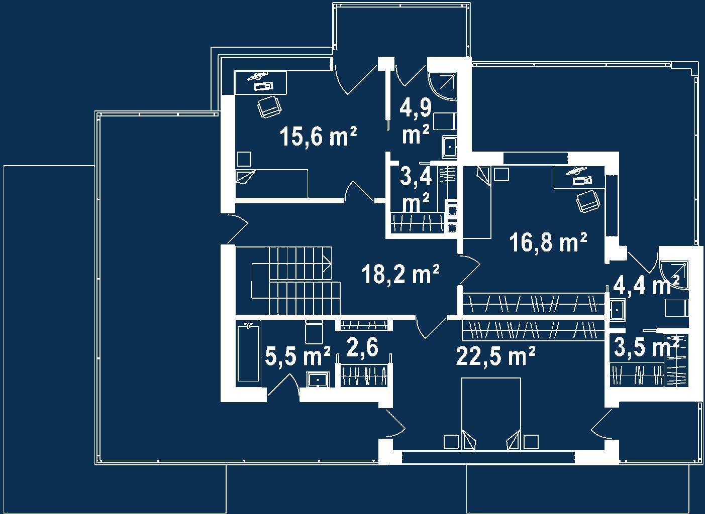 Plan etaj Casă cu etaj 221 mp utili, 2 dormitoare, 4 băi