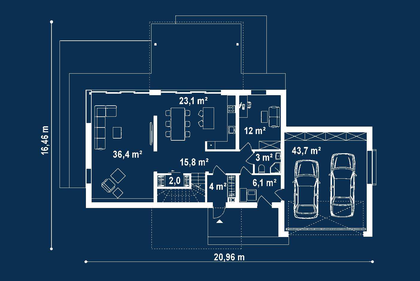 Plan parter Casă cu etaj 169 mp utili, un dormitor, 3 băi