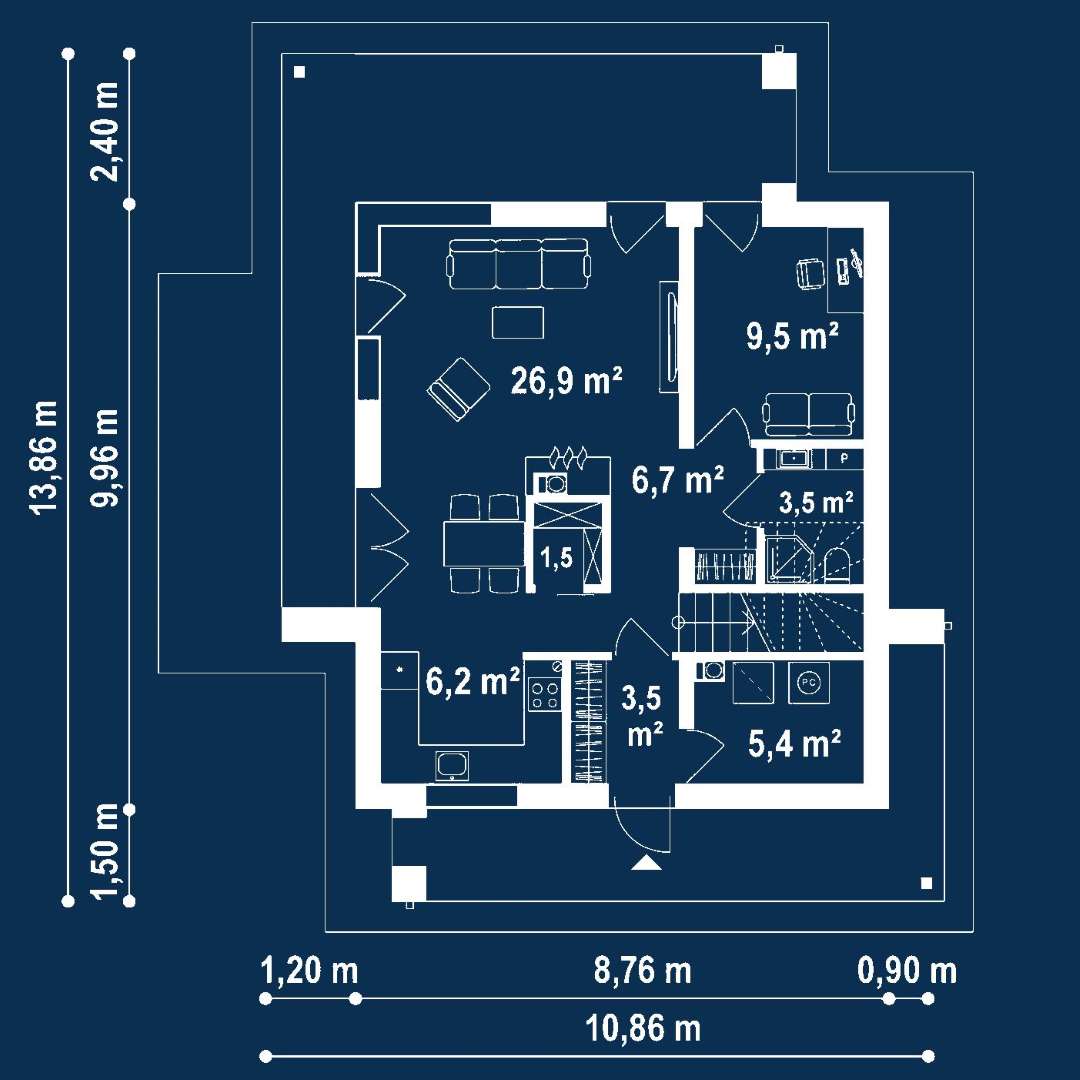 Plan parter Casă cu etaj 118 mp utili, un dormitor, 3 băi