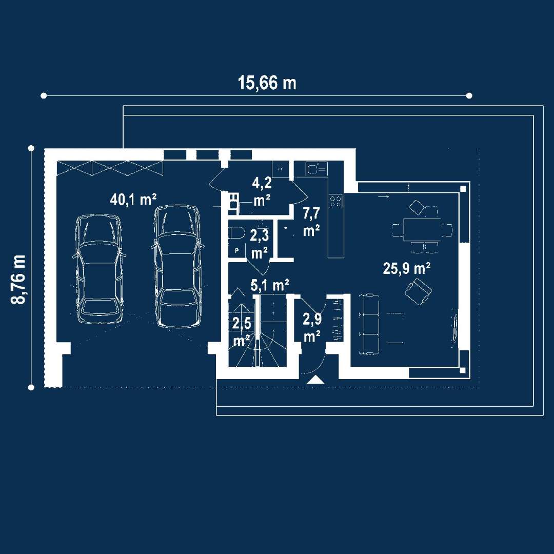 Plan parter Casă cu etaj 110 mp utili, un dormitor, 2 băi