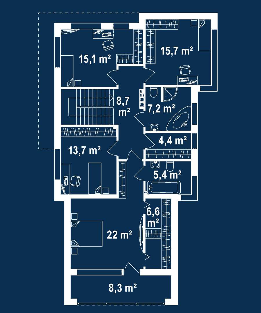 Plan etaj Casă cu etaj 179 mp utili, un dormitor, 3 băi