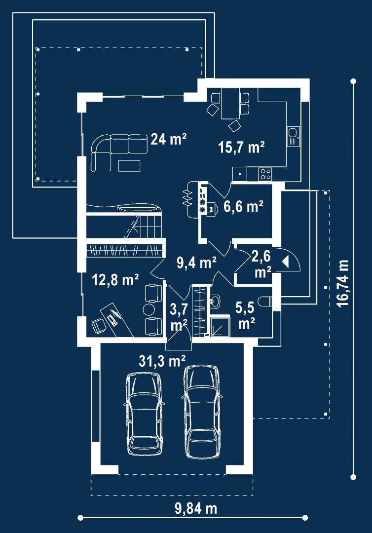 Plan parter Casă cu etaj 179 mp utili, un dormitor, 3 băi
