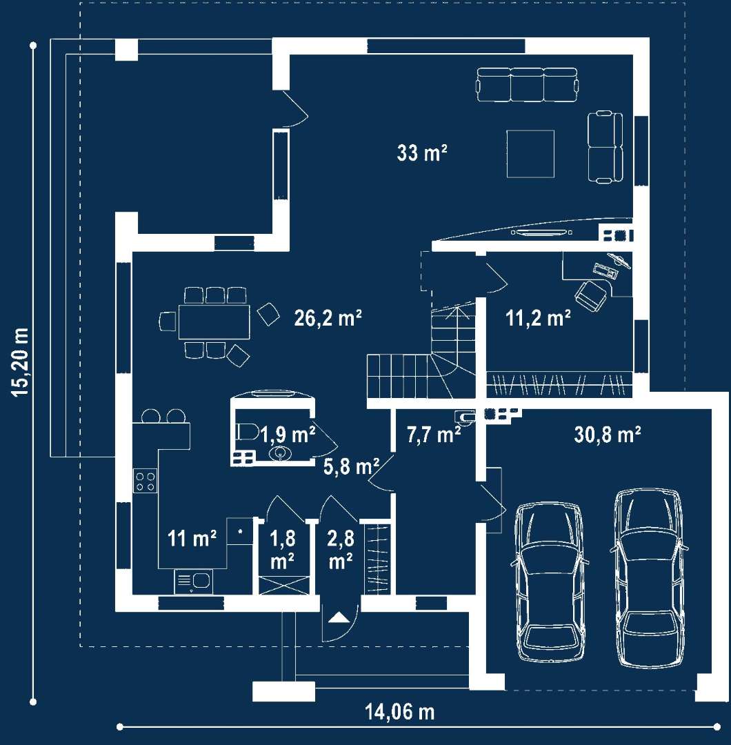 Plan parter Casă cu etaj 206 mp utili, un dormitor, 2 băi