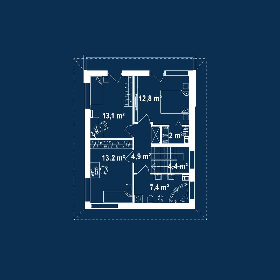 Plan etaj Casă cu etaj 104 mp utili, un dormitor, 2 băi
