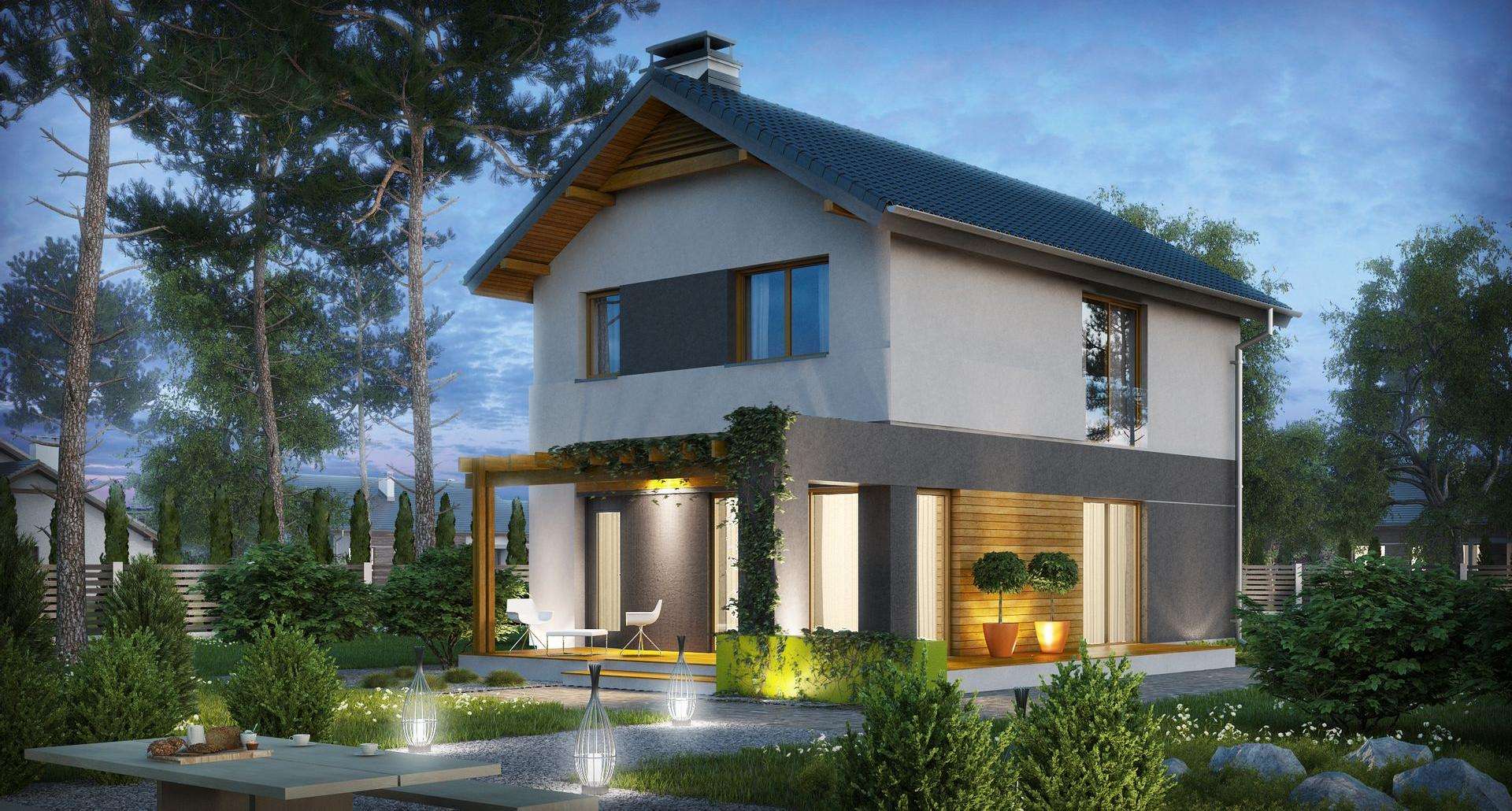 Fatada Casă cu etaj 82 mp utili, un dormitor, 2 băi