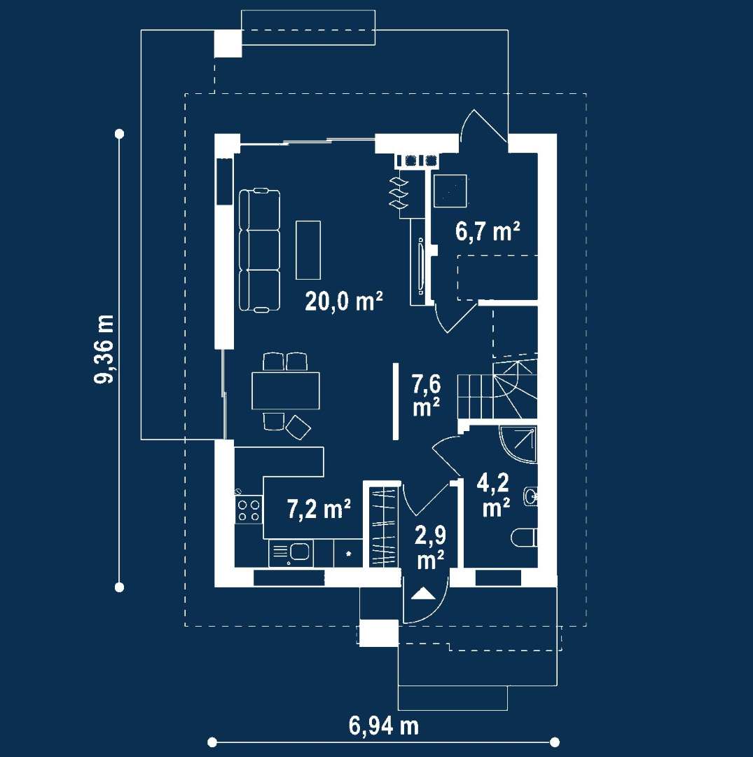 Plan parter Casă cu etaj 82 mp utili, un dormitor, 2 băi