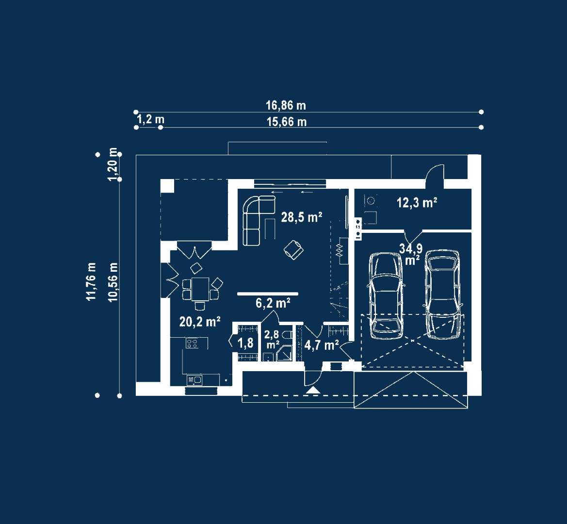 Plan parter Casă cu etaj 128 mp utili, un dormitor, 2 băi