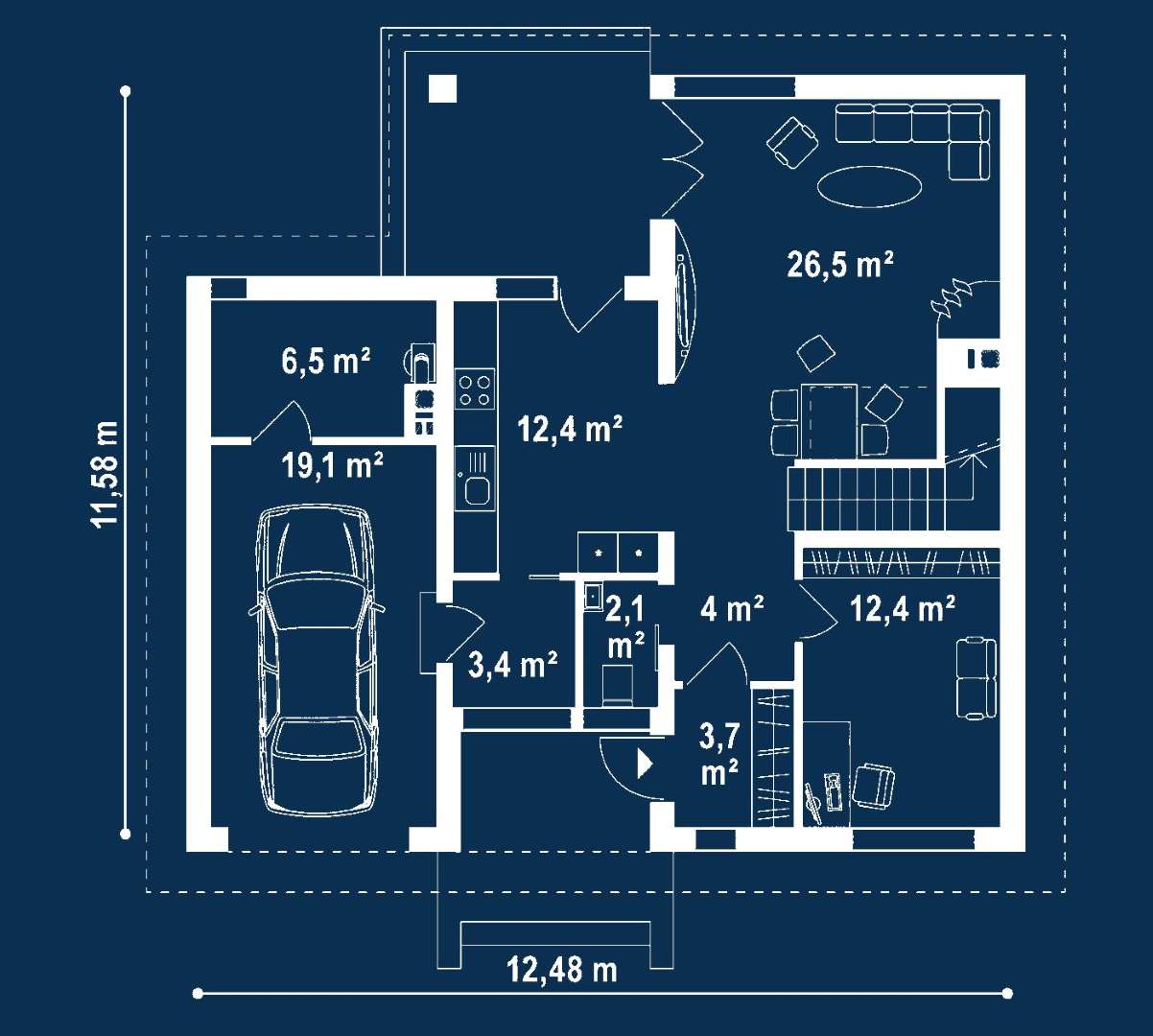 Plan parter Casă cu etaj 133 mp utili, un dormitor, o baie